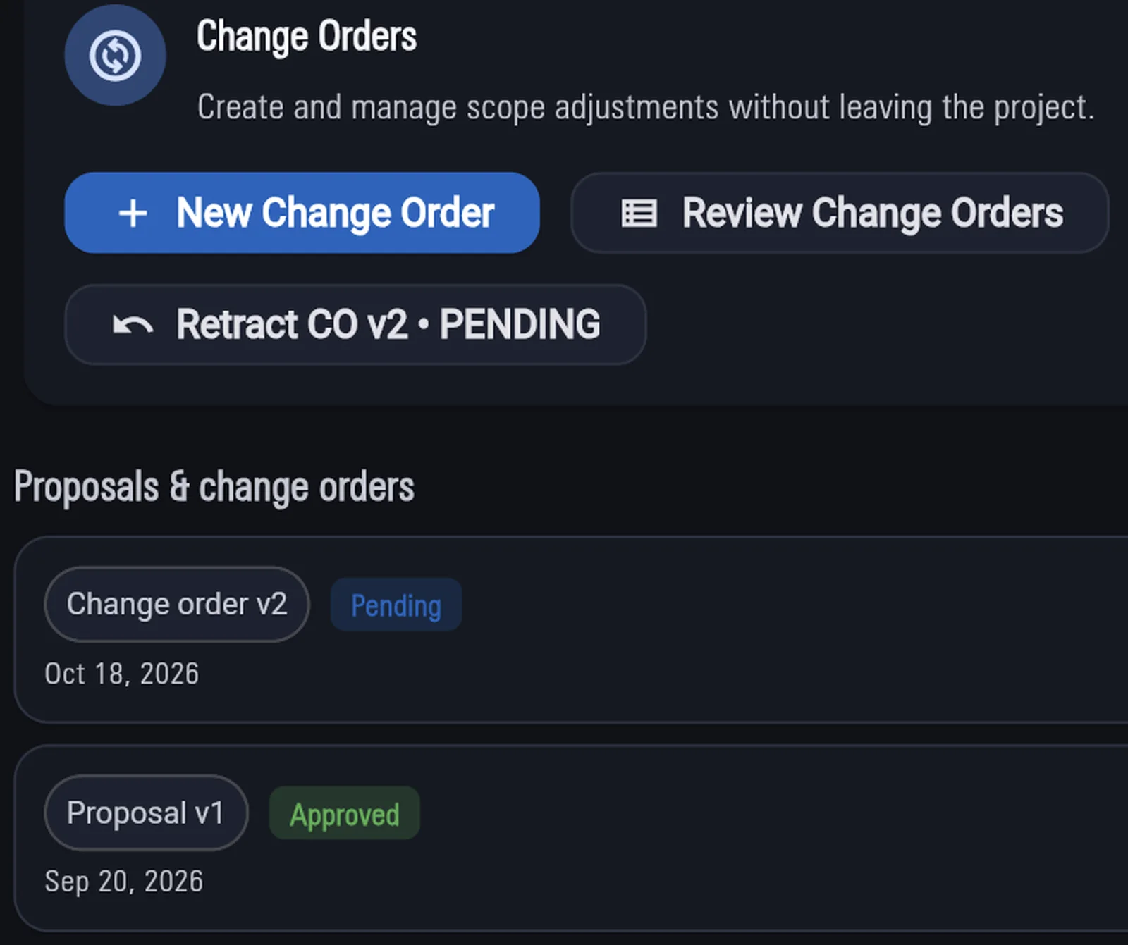 Change orders list with pending CO and approved proposal on a project