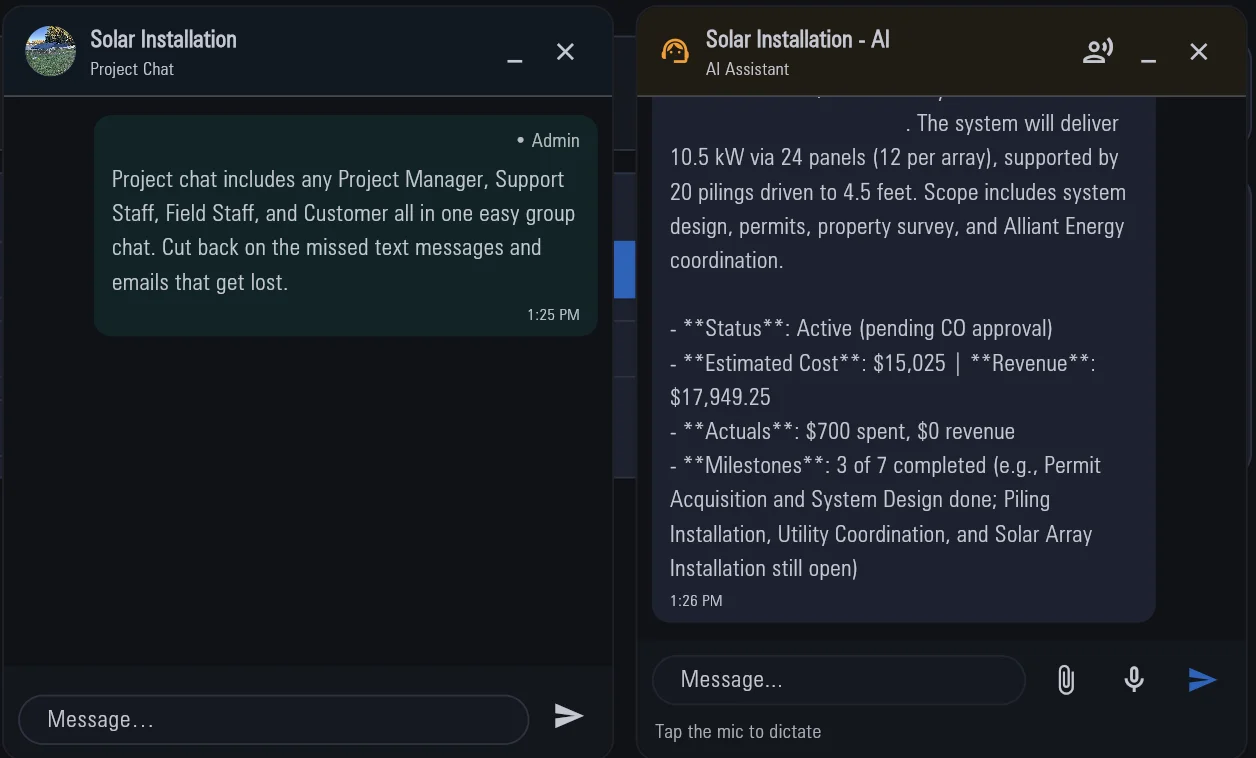 Project chat beside the AI assistant answering a question about the job