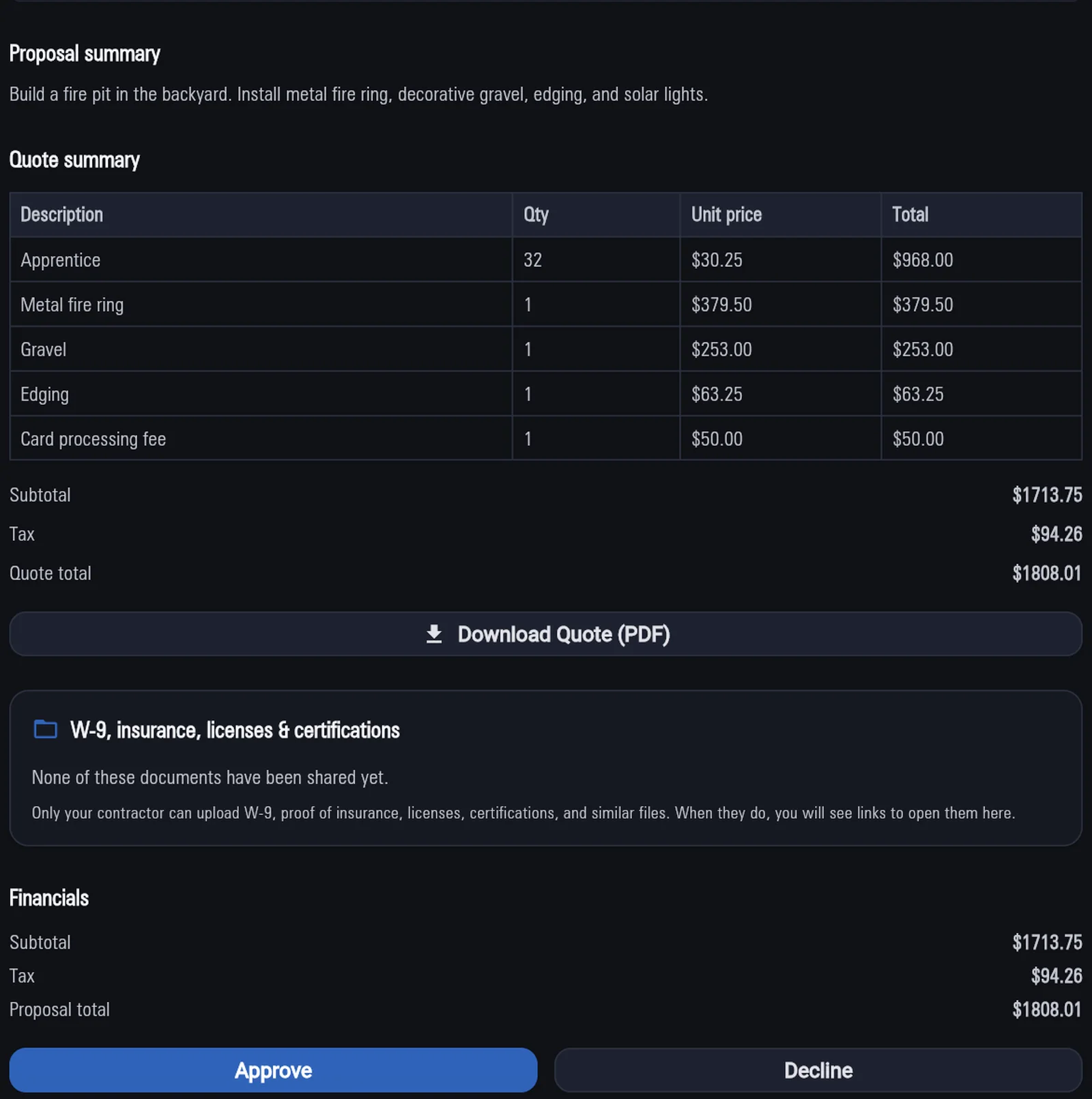 Customer Review proposal with quote summary, totals, and Approve or Decline