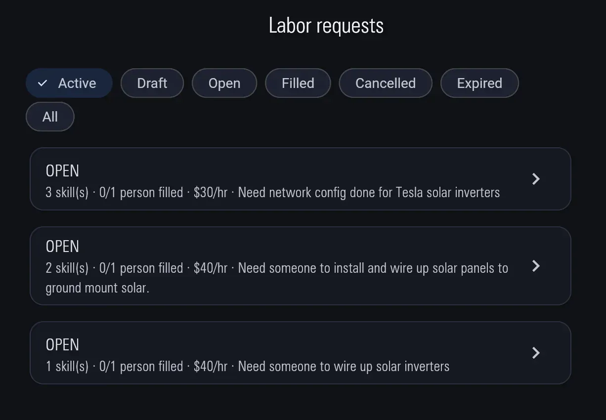 Labor requests list with open postings and rates