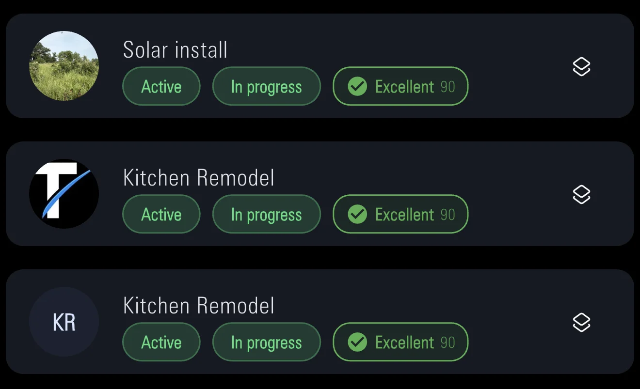 Project list with health badges rated Excellent
