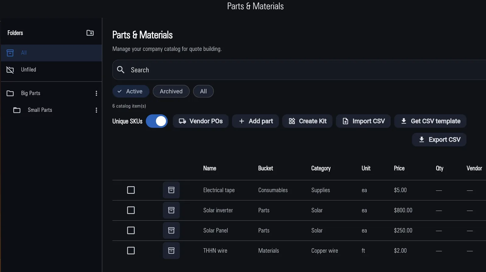 Company parts and materials catalog with items and prices
