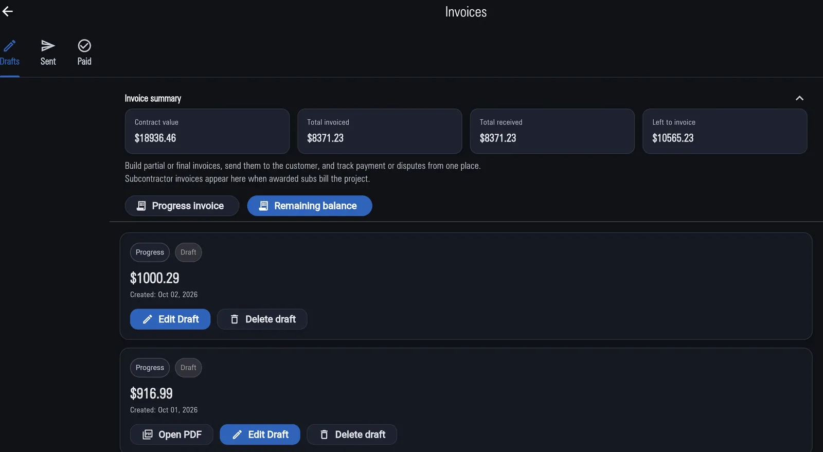 Invoice center with progress drafts and payment summary