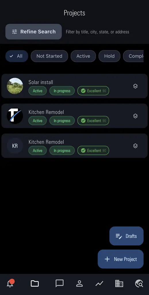 Trades Support Projects list on iPhone