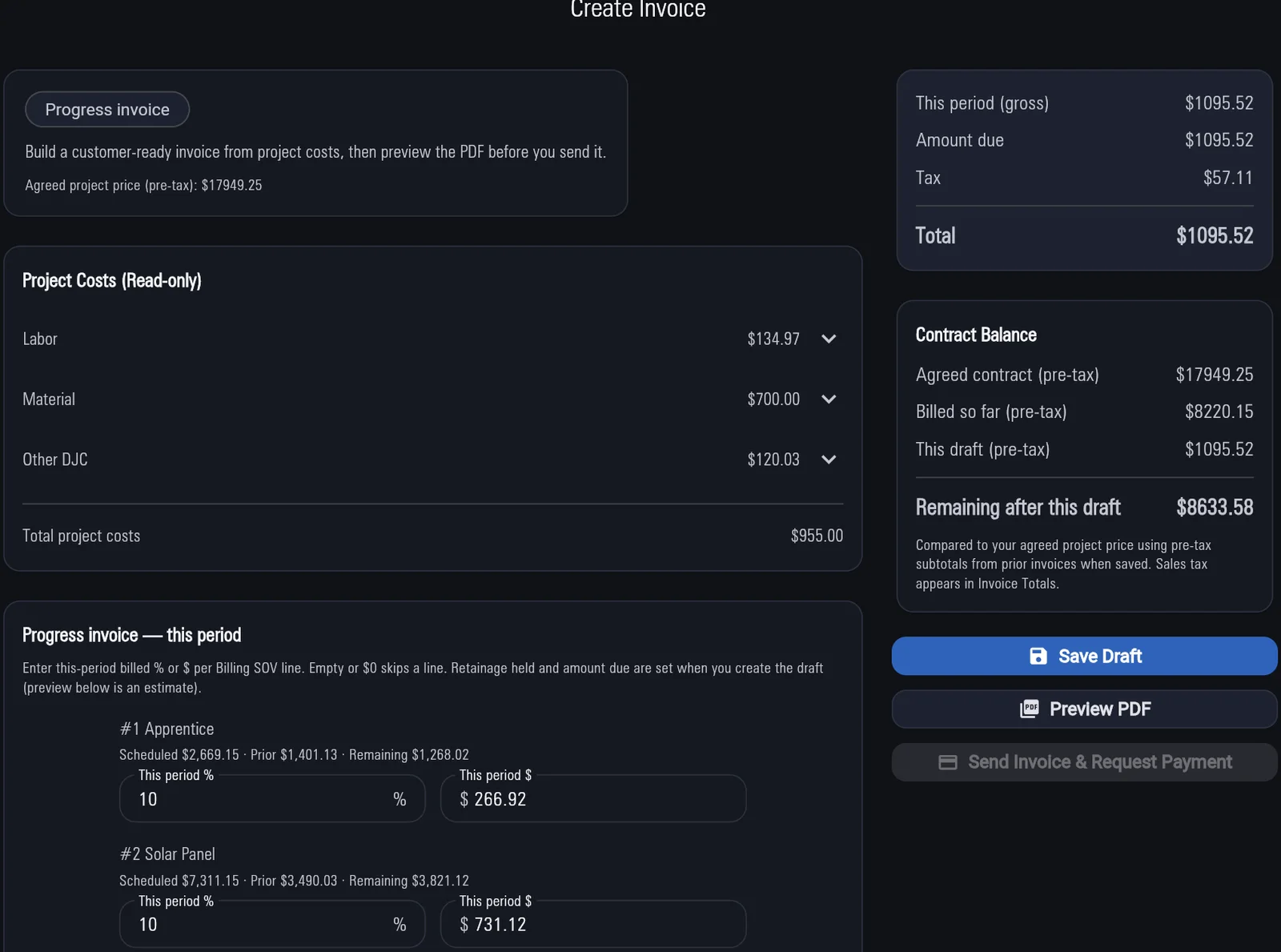 Create progress invoice with Schedule of Values lines and this-period billing